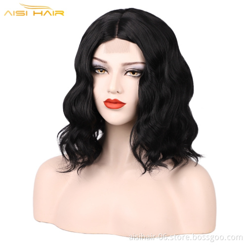Aisi Top Quality Short Wavy Bob Wigs For Black Women Middle Part Synthetic Lace Black Wigs Wholesale Price